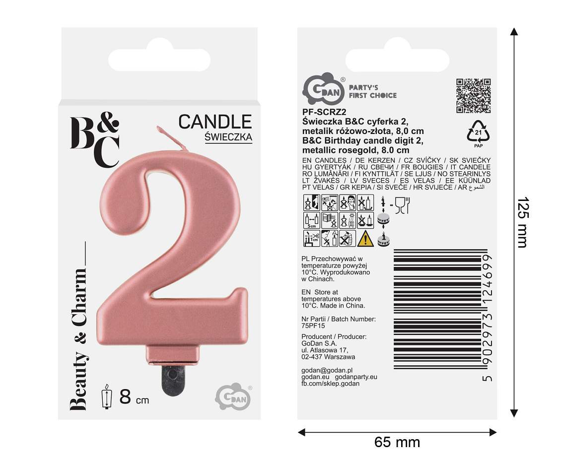 Birthday candle digit 2, metallic rosegold, 8 cm